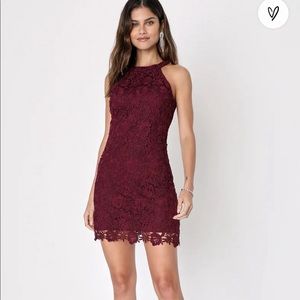Lulus Love Poem Burgundy Lace Halter Mini Dress